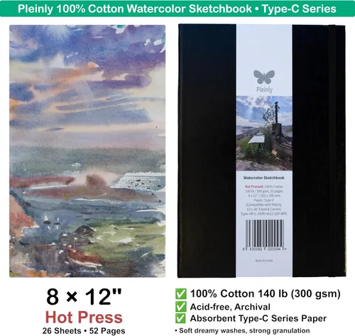 Miniatura 2 de Pleinly Cuaderno de bocetos de acuarela 100% algodón, 8 x 12 pulgadas, prensado en caliente, 300 GSM, 52 páginas, se abre completamente plano, papel