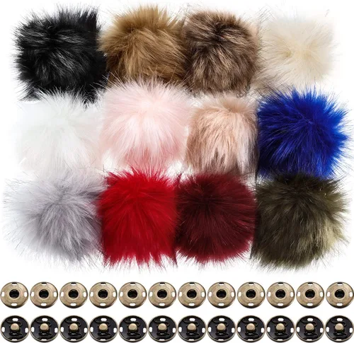 Boao 12 bolas de pompón de piel sintética para sombreros de punto, bola de pompón esponjosa con botón de presión extraíble para sombreros de punto