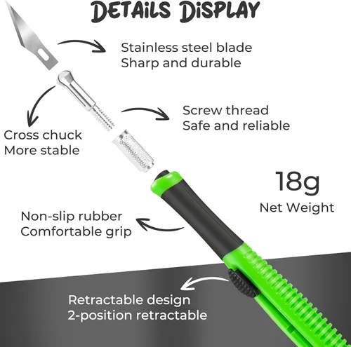 Miniatura 5 de Cuchillo Exacto, 1 cuchillo de manualidades con 10 cuchillas de acero de alto carbono, cuchillos afilados para manualidades, precisión, exacción