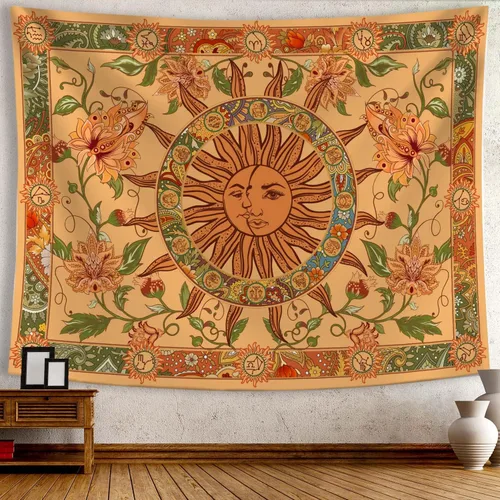 Miniatura 5 de Tapiz amarillo con sol y luna, vintage, bohemio, para colgar en la pared con girasoles, mariposa, polilla, constelación, tapices de pared
