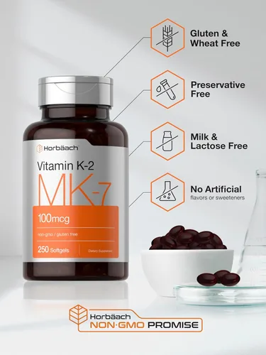 Miniatura 5 de Horbäach Vitamina K2 MK7 100mcg 250 cápsulas blandas Suplemento sin OMG, sin gluten