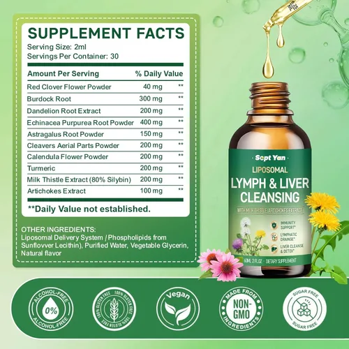 Miniatura 2 de Gotas de drenaje linfático liposomal – Suplementos de drenaje linfático con cardo mariano, raíz de bardana para mujeres y hombres Apoya