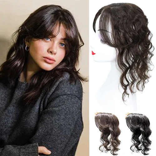 Miniatura 8 de Peluca de cabello humano rizado tipo tupé para mujer con flequillo lateral/flecos que añaden volumen al cabello, base de seda de 5 x 5 pulgadas
