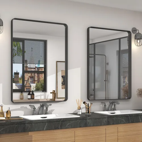 Paquete de 2 espejos de baño con marco de metal negro de 22 x 30 pulgadas, espejo rectangular redondeado negro mate, antioxidante, se cuelga