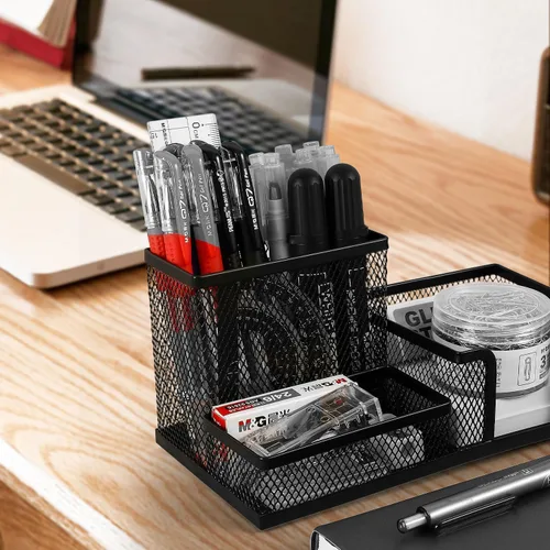 Miniatura 6 de M&G Soporte de malla para bolígrafo, organizador de escritorio, soporte para lápices para escritorio, negro, 3 compartimentos, organizador