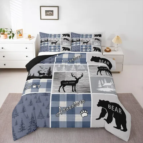 Miniatura 200 de Juego de edredón de oso y ciervo, tamaño individual, ropa de cama de animales salvajes de caza, colcha rústica de cabaña, casa de campo, cuadros