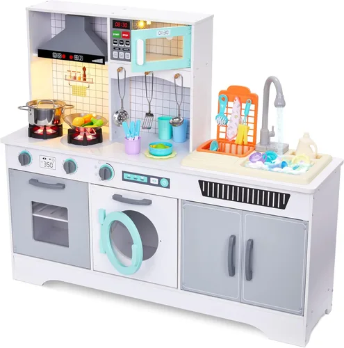 Miniatura 10 de Lil' Jumbl Cocina de madera para niños con fregadero de agua corriente real, juego de cocina interactivo con microondas, estufa, luces y sonidos Rosa