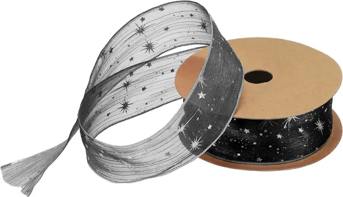 Miniatura 21 de MECCANIXITY Cinta transparente de organza de estrella de 1 pulgada y 20 yardas, cinta de hilo de nieve brillante negra para envolver regalos, caja