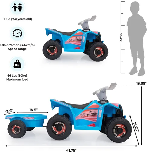Miniatura 6 de Vehículo eléctrico cuatrimoto para niños con función adelante y atrás, tractor de 6V con remolque trasero, vehículo de 4 ruedas para niños de 1.5 a