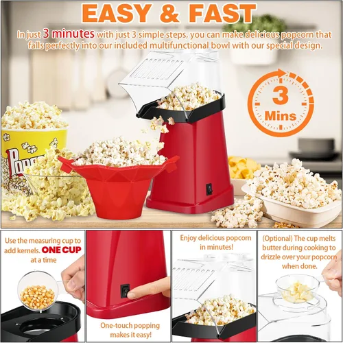 Miniatura 4 de Máquina de palomitas de maíz de aire caliente con cuenco de palomitas de maíz, máquina rápida de palomitas de maíz en minutos con taza medidora
