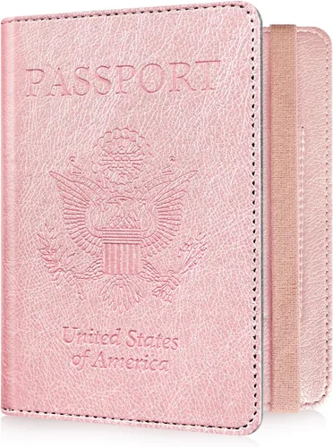 Miniatura 12 de RSAquar Soporte para pasaporte para mujeres y hombres, de piel sintética de alta calidad, cartera de pasaporte de viaje, con bloqueo RFID, cubierta
