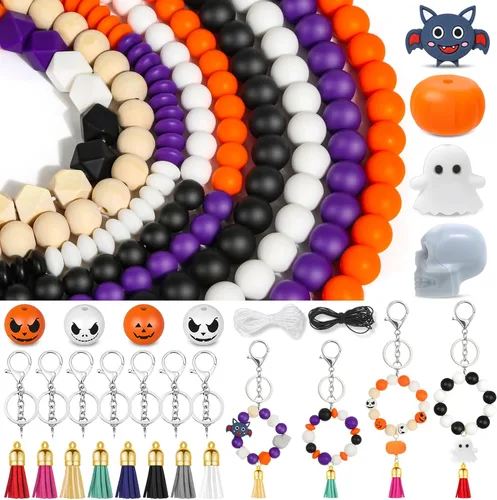 221 cuentas de silicona de Halloween para hacer llaveros, cuentas focales de silicona a granel con cuentas sueltas de 0.591 in y 0.551 in, cuentas