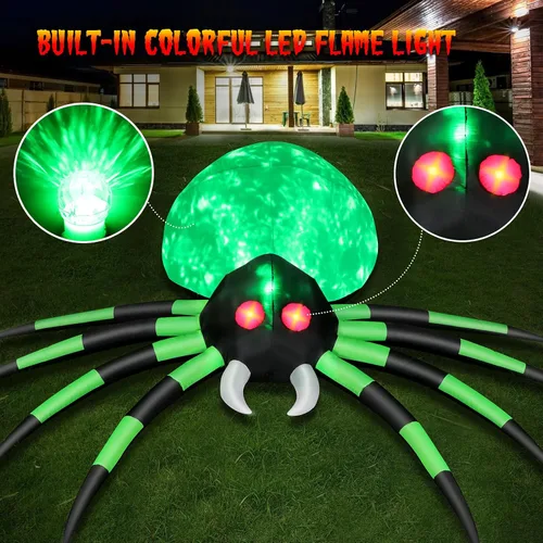 Miniatura 2 de Araña inflable de Halloween de 12 pies, decoración al aire libre, araña gigante con luces de llama y ojos rojos brillantes, accesorios de araña