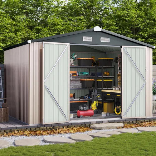 Miniatura 9 de Aoxun Cobertizo de almacenamiento para exteriores de 8 x 6 pies, cobertizo de metal con puertas bloqueables y rejillas de ventilación, cobertizo