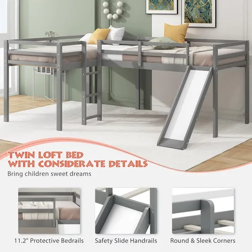 Miniatura 5 de Merax Cama doble tipo loft de tamaño individual con tobogán y escalera, marco de cama de madera en forma de L con barandilla de longitud completa