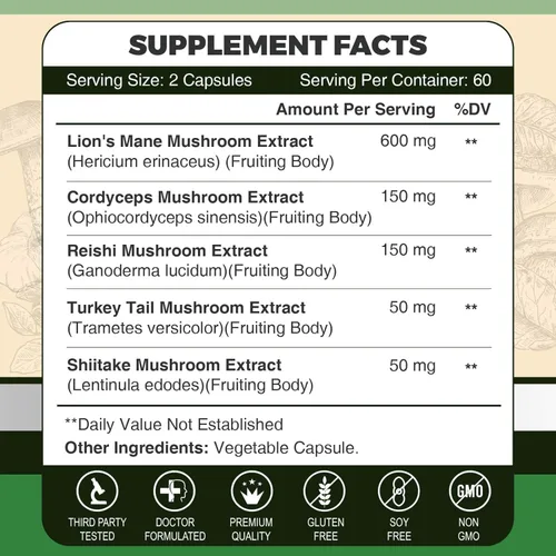Miniatura 2 de ZEBORA Cápsulas de suplemento de melena de leones, suplemento de hongos 5 en 1 con Cordyceps, Reishi y cola de pavo, cuerpo fructífero para memoria