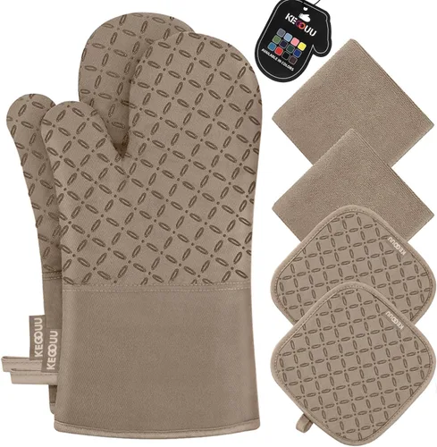 Miniatura 22 de KEGOUU Juego de 6 manoplas para horno y soportes para ollas, guantes para horno de cocina, resistentes al calor, 500 grados, extra largos