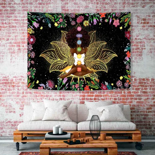 Miniatura 4 de Ine Ive Tapiz de chakra africano, mujer afroamericana, tapices de meditación zen, 40 x 30 pulgadas, cielo estrellado, flores, jardín, inspirador