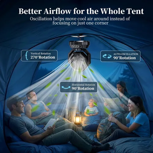 Miniatura 2 de AJVV Ventilador de campamento, batería oscilante, portátil, recargable, con luz y control remoto para campamento, al aire libre, corte de energía
