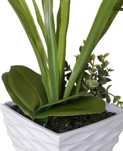 Miniatura 5 de Ohmywor Flores artificiales de orquídea naranja, arreglos de falaenopsis falsas, flores de orquídea de otoño con maceta blanca de 18.9 pulgadas