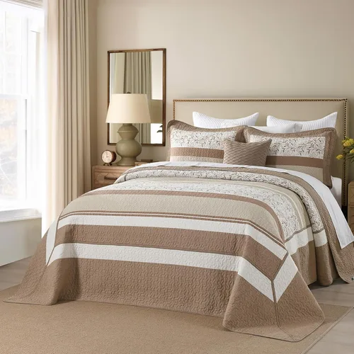 Miniatura 2 de Finlonte Colcha tamaño Queen extragrande de 100 % algodón de 102 x 120 pulgadas, juego de colcha acolchada floral a rayas de granja, edredón ligero