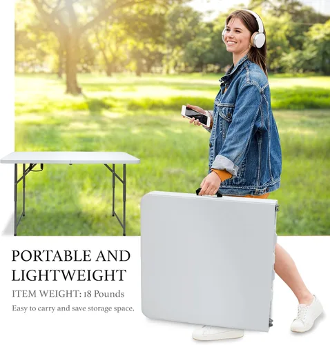 Miniatura 5 de Mesa plegable de 4 pies, mesa plegable resistente para exteriores, perfecta para camping, picnic, fiestas, mesa plegable duradera con fácil Blanco