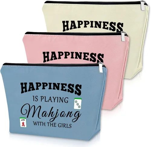 Sazuwu Mahjong - Bolsa de maquillaje divertida para mujer, Azul, rosa y beige, Bingo