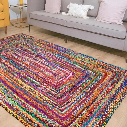 Miniatura 13 de RAJRANG Alfombra ovalada trenzada a mano de 2 x 3 pies, multicolor, bohemio, reversible, rústica, de algodón, alfombra Chindi geométrica