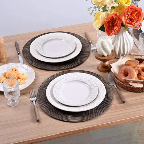 Miniatura 54 de Feuille Juego de 4 manteles individuales redondos trenzados para mesa de comedor, tejidos, lavables, antideslizantes, 13.5 pulgadas