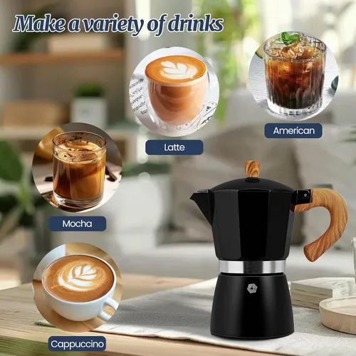 Miniatura 6 de Moka Pot - Cafetera italiana de aluminio de 15.2 fl oz, cafetera para estufa, cafetera espresso Mocha Pot (negro, 3 tazas)