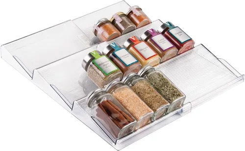 Miniatura 6 de mDesign - Estante de especias de plástico ajustable y expandible, organizador de cajón para gabinetes de cocina, 3 niveles inclinados para ajo, sal