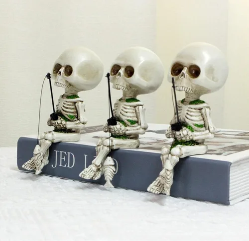 Miniatura 7 de 1 estatua de calavera de Halloween, figuras de esqueleto geniales, figuras de esqueleto con temática de pesca, decoración gótica, figura de calavera