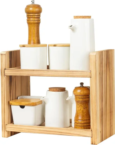 Miniatura 4 de Estante de especias de madera de 2 niveles, organizador de encimera para cocina y baño, estante de almacenamiento multiusos para cosméticos