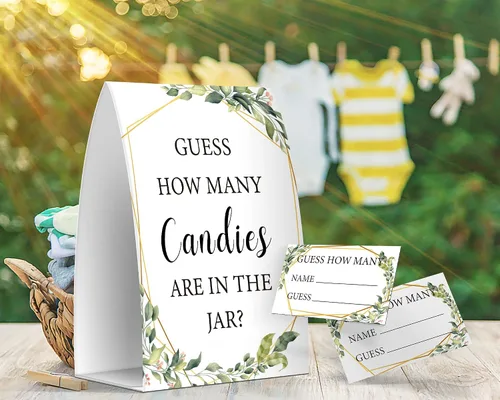 Miniatura 3 de Cuántos caramelos hay en el frasco, juegos de baby shower de vegetación, baby shower con temática de vegetación - un letrero y 50 tarjetas (GES05)