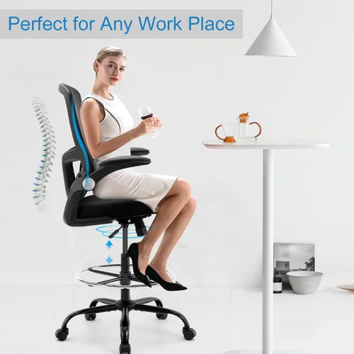 Miniatura 7 de Silla de dibujo, silla de oficina alta, silla de escritorio ergonómica de pie con reposabrazos abatibles, silla de trabajo de computadora de altura