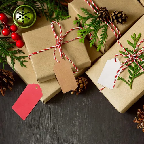 Miniatura 5 de 100 etiquetas de precios G2PLUS de papel de estraza, con una cuerda marrón e ideales para empaques, manualidades, bodas, Navidad, Día de Acción
