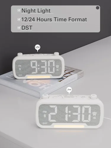Miniatura 7 de Mesqool Reloj despertador con altavoz Bluetooth, radio FM, reloj despertador para dormitorio con cargadores USB, atenuador y 12/24 horas, Blanco