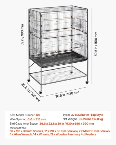 Miniatura 7 de VEVOR Jaula para pájaros, 36.6 x 22.8 x 59.5 pulgadas, parte superior plana, jaula de hierro forjado para pájaros con perchas, bandeja deslizante