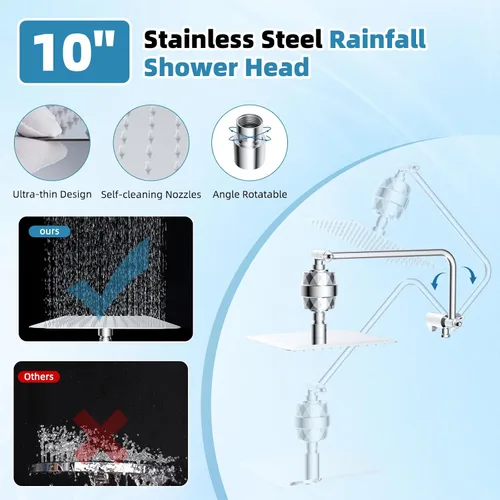 Miniatura 3 de Cabezal de ducha filtrado, 10 pulgadas de alta presión con 10 pulverizadores, cabezal de ducha de mano/lluvia con filtro de ducha de 20 etapas, Cromo
