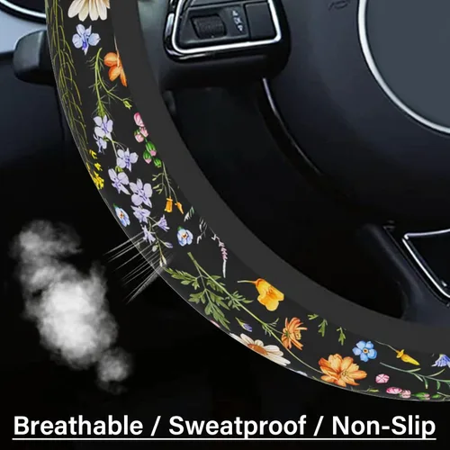Miniatura 4 de Funda para volante de automóvil para mujeres y hombres, volante antideslizante y transpirable, protector de volante de flores silvestres, accesorios