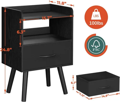 Miniatura 3 de Yoobure - Mesita de noche con cajón de tela, mesita de noche moderna, mesas de cabecera, mesitas de noche de mediados de siglo con estante de Negro