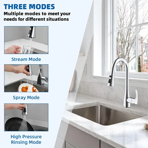 Miniatura 2 de Hibbent Cabezal rociador desplegable para grifo de cocina, boquilla rociadora de 3 funciones con 15 adaptadores, repuesto de cabezal de grifo