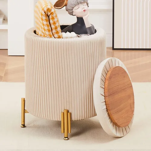 Miniatura 12 de Otomana Redonda Reposapiés con Almacenamiento y Patas de Metal para Sala de Estar y Dormitorio, Reposapiés Tapizado de Terciopelo Soporta 300 libras