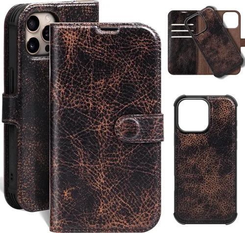 Miniatura 49 de Funda de cuero compatible con iPhone 16 Pro Max Cartera 6.9", cuero genuino 2 en 1, magnética, desmontable, a prueba de golpes, funda tipo folio