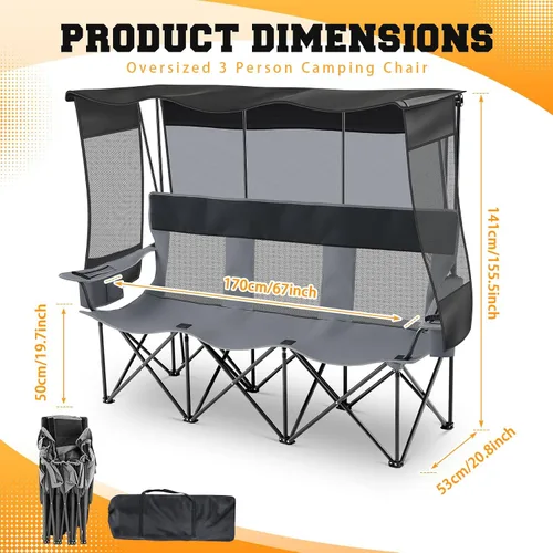 Miniatura 3 de Teenyyou Silla de camping para 3 personas con toldo – Silla de playa de gran tamaño con protección solar UV, sofá biplaza plegable de alta