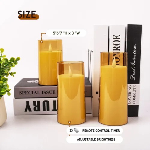 Miniatura 2 de Velas LED de pilar sin llama que funcionan con pilas con control remoto y temporizador, juego de 3 (D: 3 "x H: 5" 6" 7") plexiglás velas Ámbar