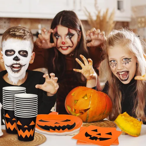 Miniatura 6 de Juego de vajilla de fiesta de Halloween, 72 piezas, platos de papel con temática de calabaza naranja y negra, vasos, servilletas, vajilla desechable