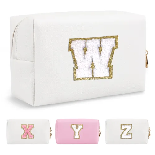 Miniatura 265 de Pequeña bolsa de maquillaje personalizada con inicial A-Z Preppy Patch, bolsa de cosméticos de viaje de felpilla blanca con cremallera, bonita bolsa