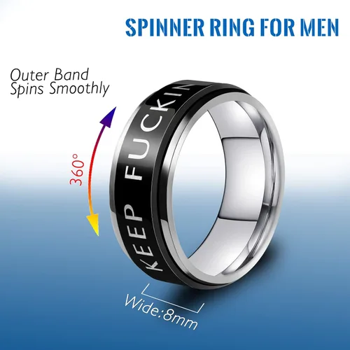 Miniatura 46 de LAOYOU Anillo giratorio para hombre para alivio de la ansiedad 0.315 in de acero inoxidable negro anillo de ansiedad con incrustaciones de cadena
