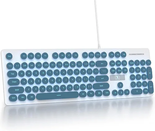 Fogruaden Teclado de máquina de escribir retro con cable, teclado de membrana silencioso de tamaño completo iluminado, bonitos teclados de Azul